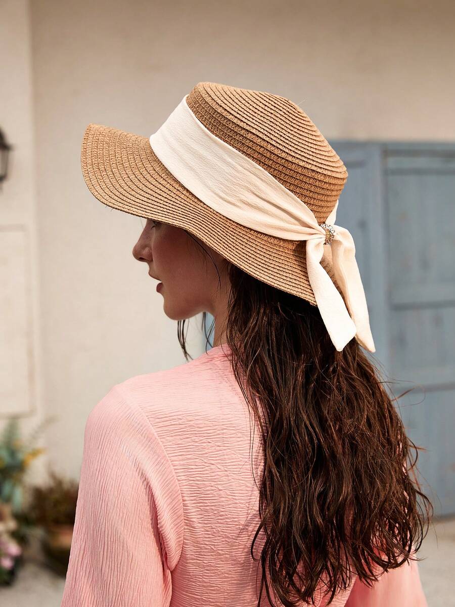 Zealous Sole Women's Khaki Wide Brim Straw Sun Hat With Bow Upf 50 Foldable Floppy Beach Hat Summer Cm