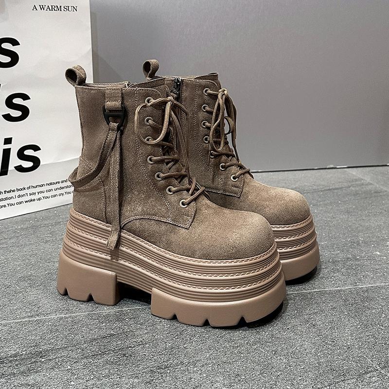 Fashion Women's Chunky Motorcycle Boots Autumn Suede Leather Hidden Heels Sneakers Winter Punk Boots 10CM Heels Platform Mid-calf Boots
