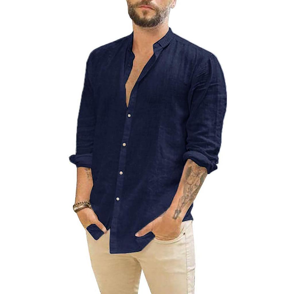 Men's Linen Cardigan Solid Color Casual Stand-Up Collar Long Sleeve Shirt