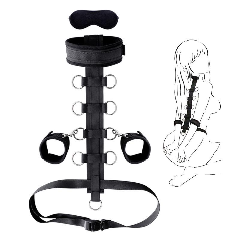 SM Erotic Restraint Set: Back Handcuffs, Neck Collar, Eye Mask, Waist Belt, Binding Straps, Sponge Scuba Material