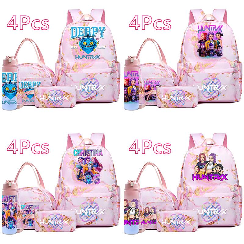 4Pcs/set Anime K-Pop Demon Hunters Printed Backpack Handbag Pencil Case 750Ml Water Bottler for Teenager Boy Girl Large Capacity Waterproof Schoolbag