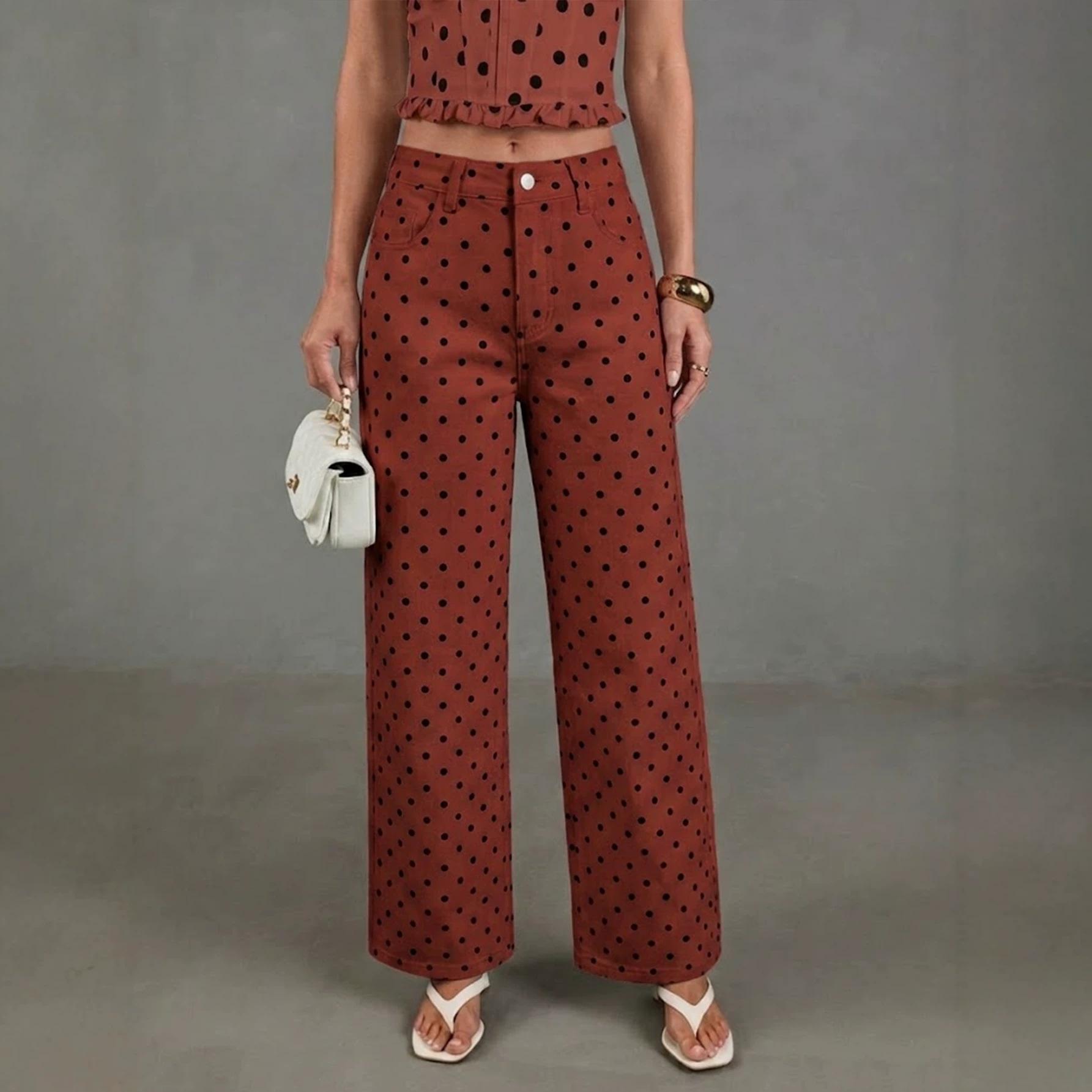 Cross-border 2026 spring and summer new polka-dot high-waisted wide-leg jeans women s washed loose and thin straight trousers in stock S красный