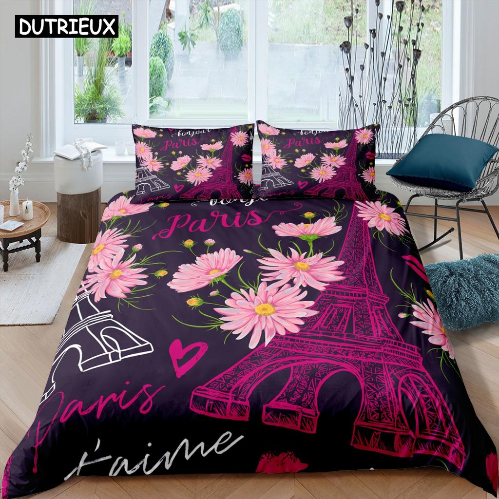 Różowa wieża eiffla zestaw pościeli Paris Fashoin 3D drukuj pocieszyciel luksusowa królowa król pojedynczy rozmiar zestaw poszewek tekstylia domowe wystrój