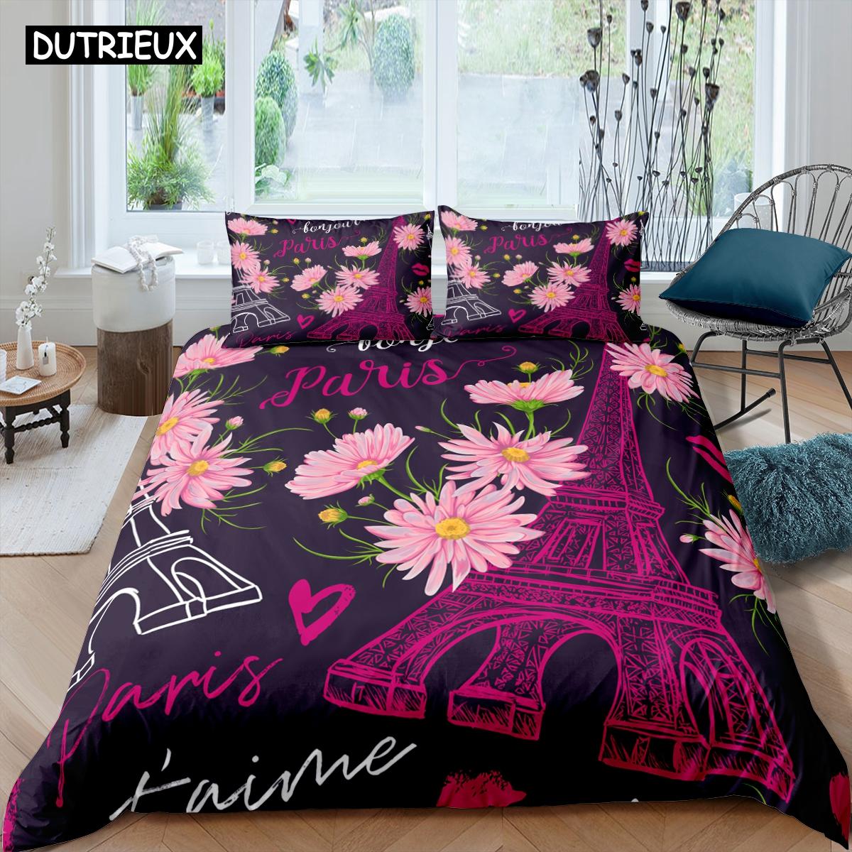 

Comforter Pink Eiffel Tower Bedding Set Paris Fashoin 3D Print Comforter Luxury Queen King Single Size Home Textile Decor Comforter (quilt)-EU Single(135*200cm)3pcs