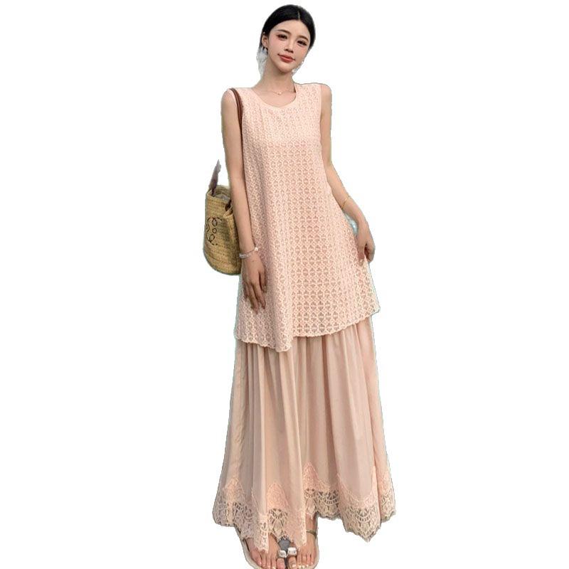 Plus Size French Style Lace Patchwork Tank Dress - Flattering & Slimming Summer Two-Piece Look