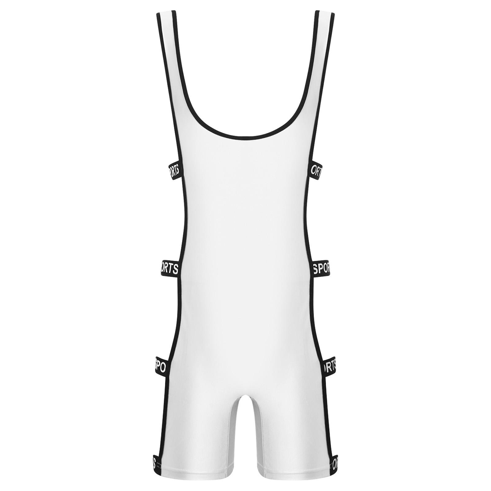 Men Oil-shiny Bodysuit Wrestling Singlet Swimsuit One Piece Athletic Swimwear Side Cutout with Elastic Bands Boxer Shorts Bottom S белый
