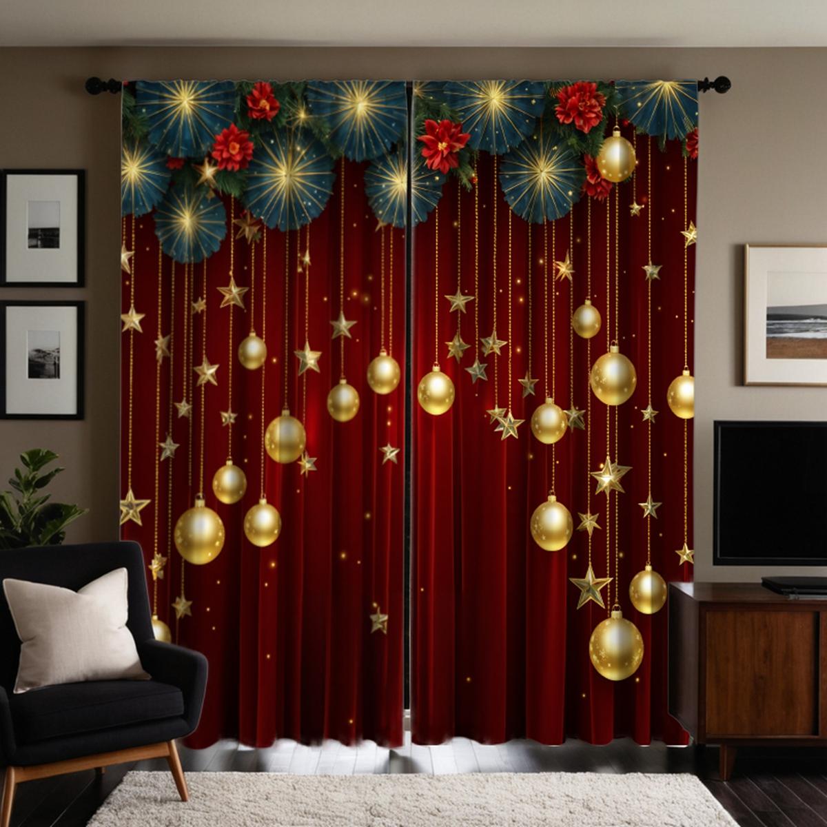 

2-компонентный HD цифровой красный галстук Рождественский вид на улицу Сосна Снег занавеска Домашнее украшение стиль украшение гостиная спальня через W52H63inchW132H160cm