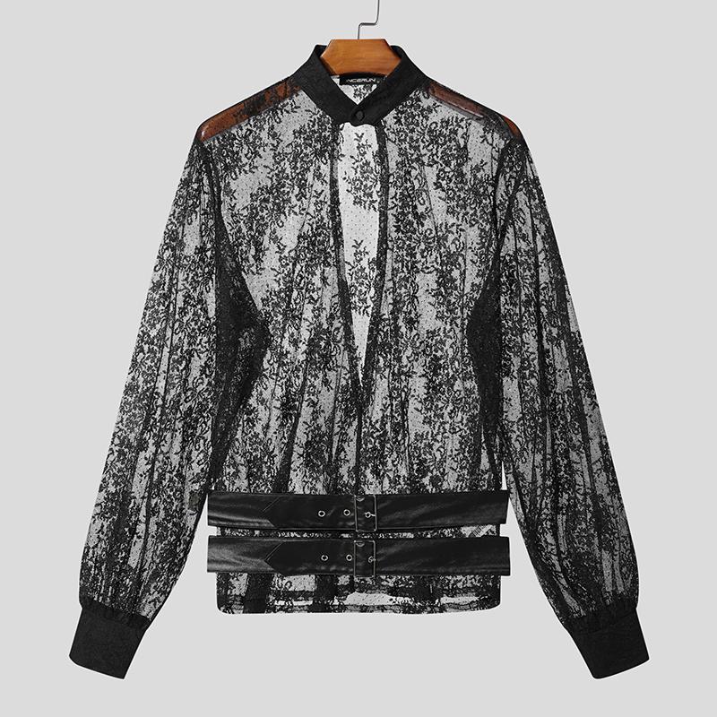 INCERUN Men Long Sleeve Cutout Mesh Sheer Lace Casual Ruffled Tops T-shirts