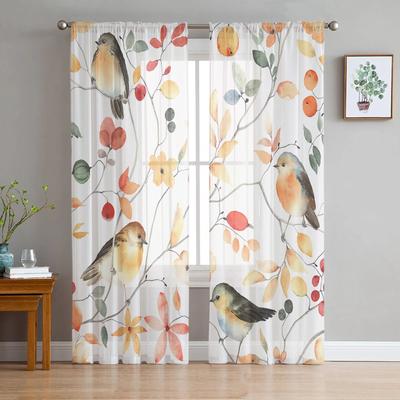 Autumn Bird Flowers Tree Branches Sheer Curtains For Living Room Bedroom Tulle Curtain For Kitchen Voile Curtain Blind Panels