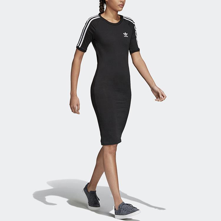adidas Originals 3-Streifen Kleid Mit Logo-Print Sport Slim Fit Atmungsaktiv Rundhals Kurzarm Kleid Damenkleider Schwarz CY4748