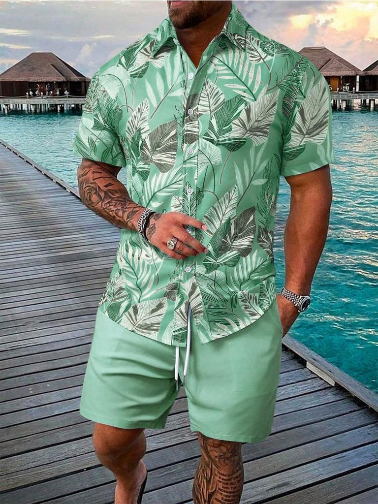 Sommer Strand 2-teiliges Hemd Set Herren Lässig Tropischer Print Kurzarmhemd Und Shorts Set Tropisches Hemd Herren Urlaubs Sets