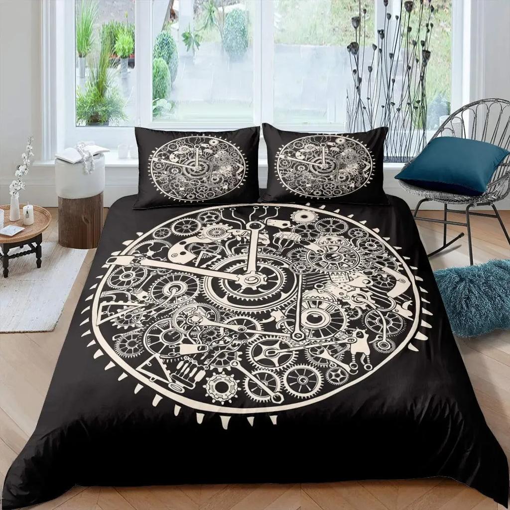 Ndustrial Gear Duvet Cover Set Queen Size Steampunk Style Locks Comforter Cover Boys Men Mechanical Device Polyester Bedding Set