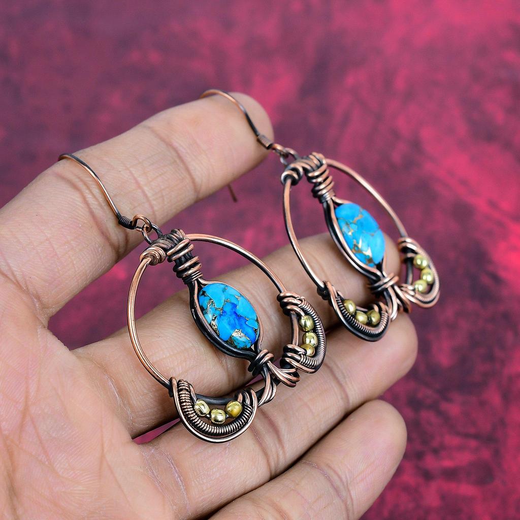 Copper blue turquoise earring copper wire wrapped gemstone earring handmade copper jewelry designer earring wire wrap jewelry gifts for wife