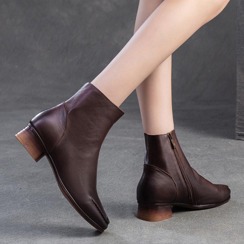 Johnature Square Toe Thick Heel Boots Versatile Genuine Leather Short Boots Commuting Women's Shoes