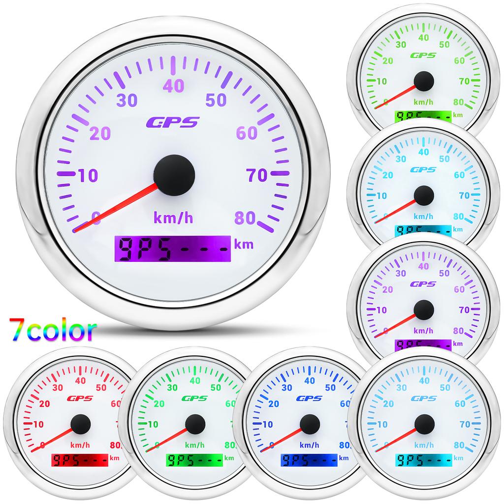 HD 85mm GPS Speedometer 0-80Km/H Speed Odometer Gauge 7 Colors Backlight for Marine Boat Car Truck 85mm Diam Holder(Option)