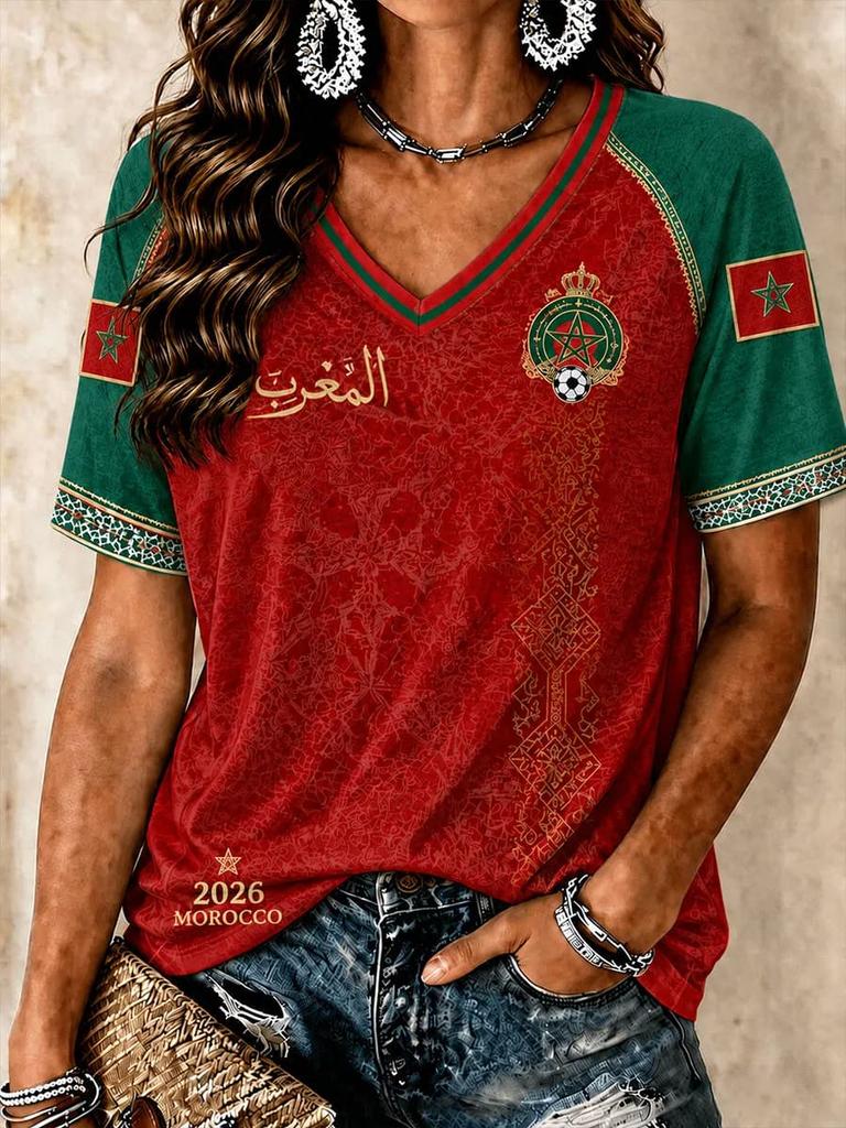 2026 Morocco National Team Red Football T-Shirt, Women's Men V-Neck Sportswear with Script & Star Motif  2026 New Colthing