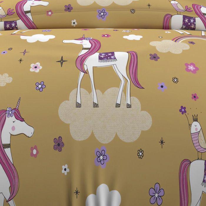 Parure housse de couette 140x200 cm LICORNES jaune, 100% coton 57 fils/cm2, par Soleil d'Ocre