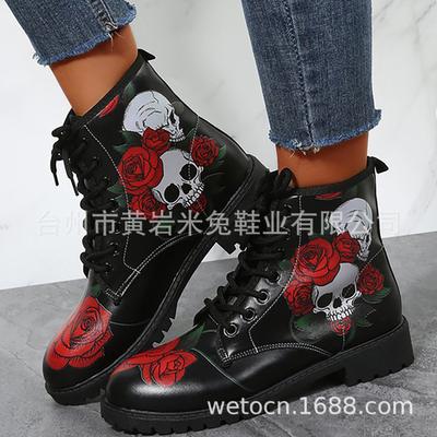 Botas Martin de Cadarço Tamanho Grande Botas Curtas Infantis Botas de Couro com Estampa de Rosa Caveira Salto Baixo