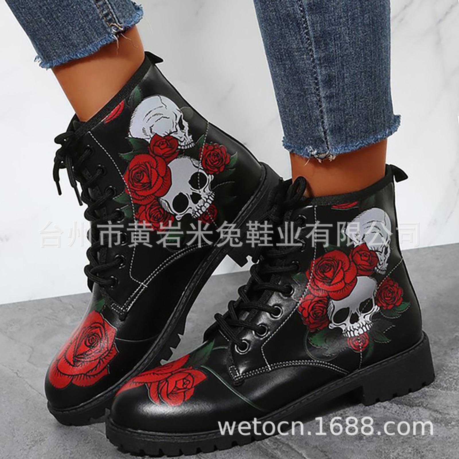

Large Size Lace-Up Martin Boots Children s Short Boots Rose Print Skull Flat Heel Leather Boots 43