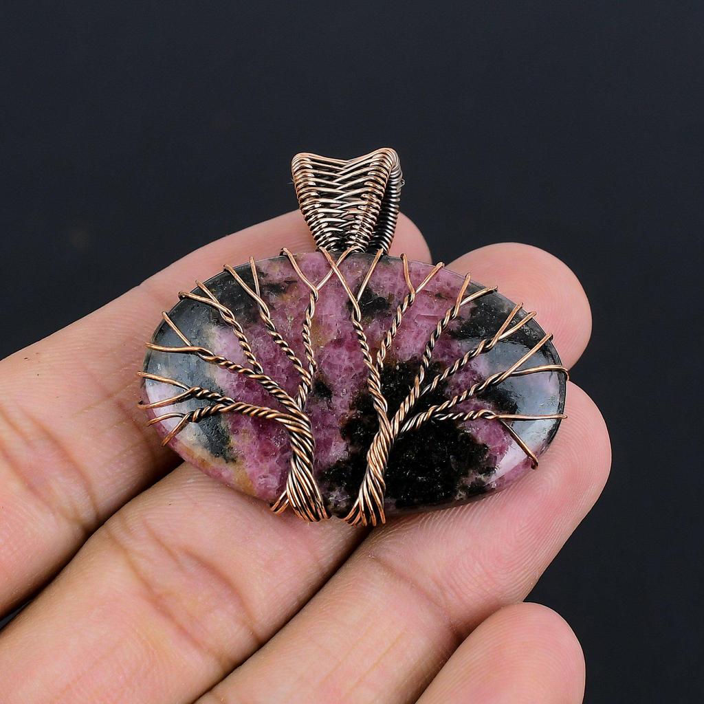 Rhodonite Gemstone Pendant | Oxidized Copper Wire Wrapped | Necklace Pendant | Handmade Copper Pendant Jewelry Gift For Her/himLC-306