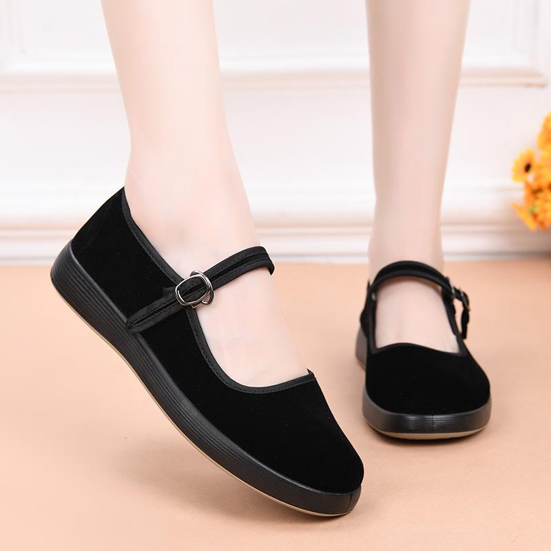 Cloth shoes mother square dancer black belt etiquette shoes hotel work flat nonslip square mouth black cloth shoes