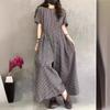 Short Sleeve Wide Leg Overalls Pleated Waist O Neck Loose Casual Gingham Jumpsuits Fashion Women Long