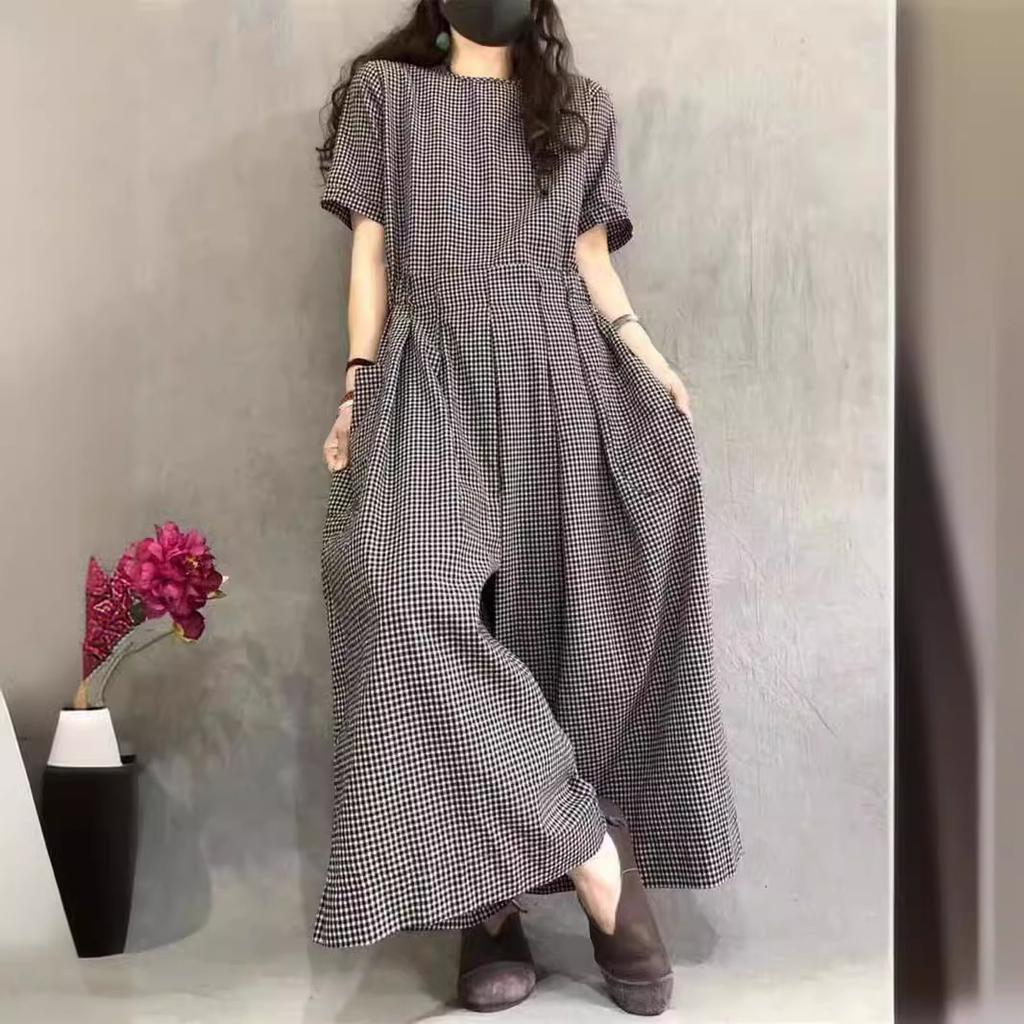 Short Sleeve Wide Leg Overalls Pleated Waist O Neck Loose Casual Gingham Jumpsuits Fashion Women Long