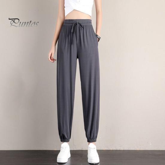 Summer Thin Ice Silk Sports Pants Elastic Drawstring Waist Pockets Casual Sweatpants Solid Color Loose Fit Fitness Trousers Streetwear
