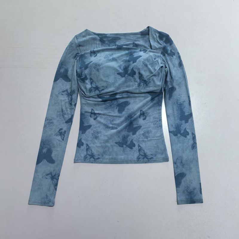 

Butterfly Print Yoga Clothes Long Sleeves One-Piece Chest Pad Mesh Breathable Quick-Drying Slim Fit Sports Fitness Clothes Tops Women Wind Chime Blue M