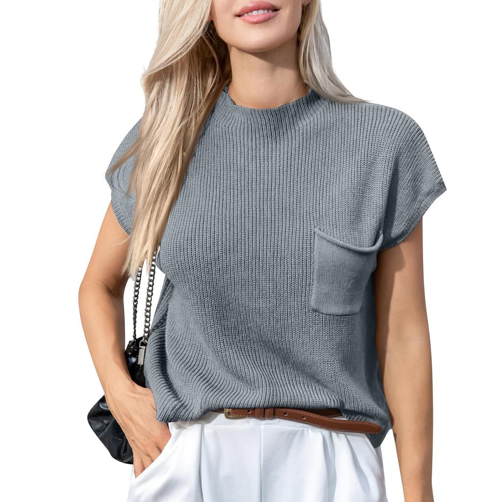 Women's Casual Fashion Sexy Color Comfortable And Breathable Round Neck Pullover Knitted Top With Pockets