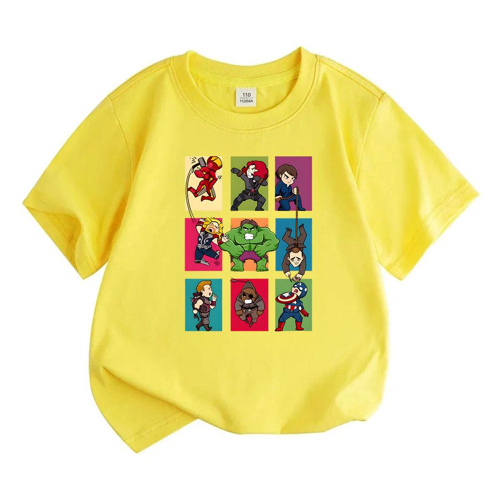 Kids Boys Girls 100% Cotton Crew Neck Short Sleeve T-Shirt Cute Superhero Chibi Group Print Casual Soft Breathable Tee for Daily Wear Summer Tops for