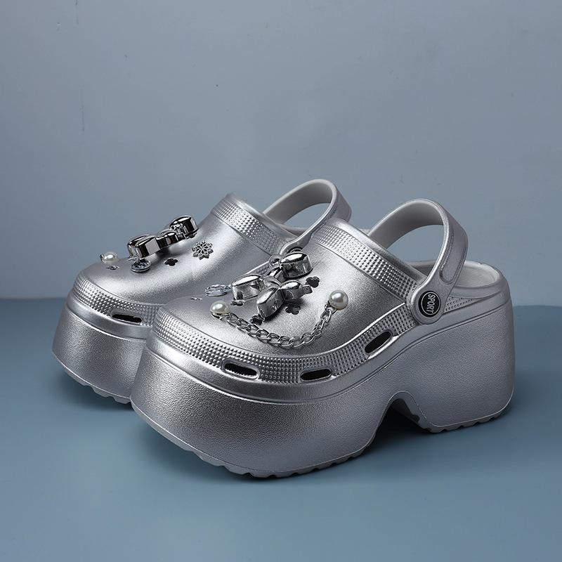 Summer Outwear Thick Sole Slippers for Women with a High Sense New Fashion Silver Hole Shoes for Women  DIY Chain Cloud Sandals