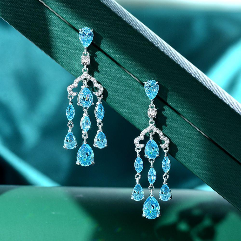 Tancise Jewelry Sea Blue Charm Series Earrings Are Fully Inlaid with High Carbon Diamond 6 * 8 Water Drop Earrings 925 Silver