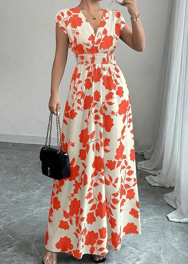 Floral Print V Neck Long Dress With Belt For Summer Casual Womens Wear