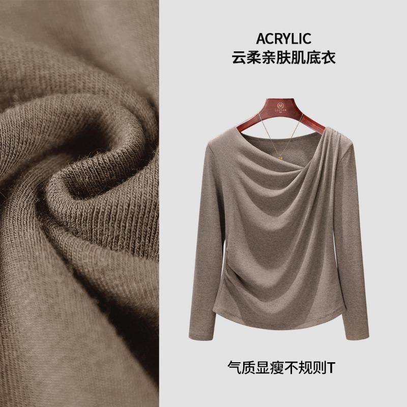 Autumn New Design Wrinkled and Thin Women's Irregular Swing Collar Long-sleeved Temperament Versatile Top