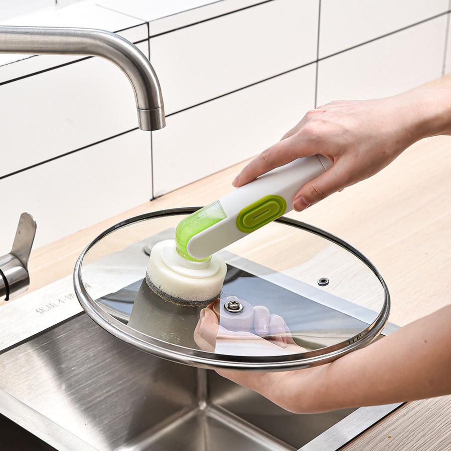 Wielofunkcyjna szczotka czyszcząca z długim uchwytem, wypełniona płynem, szczotka do mycia naczyń, mycie naczyń kuchennych, czyszczenie miski do szorowania, stół