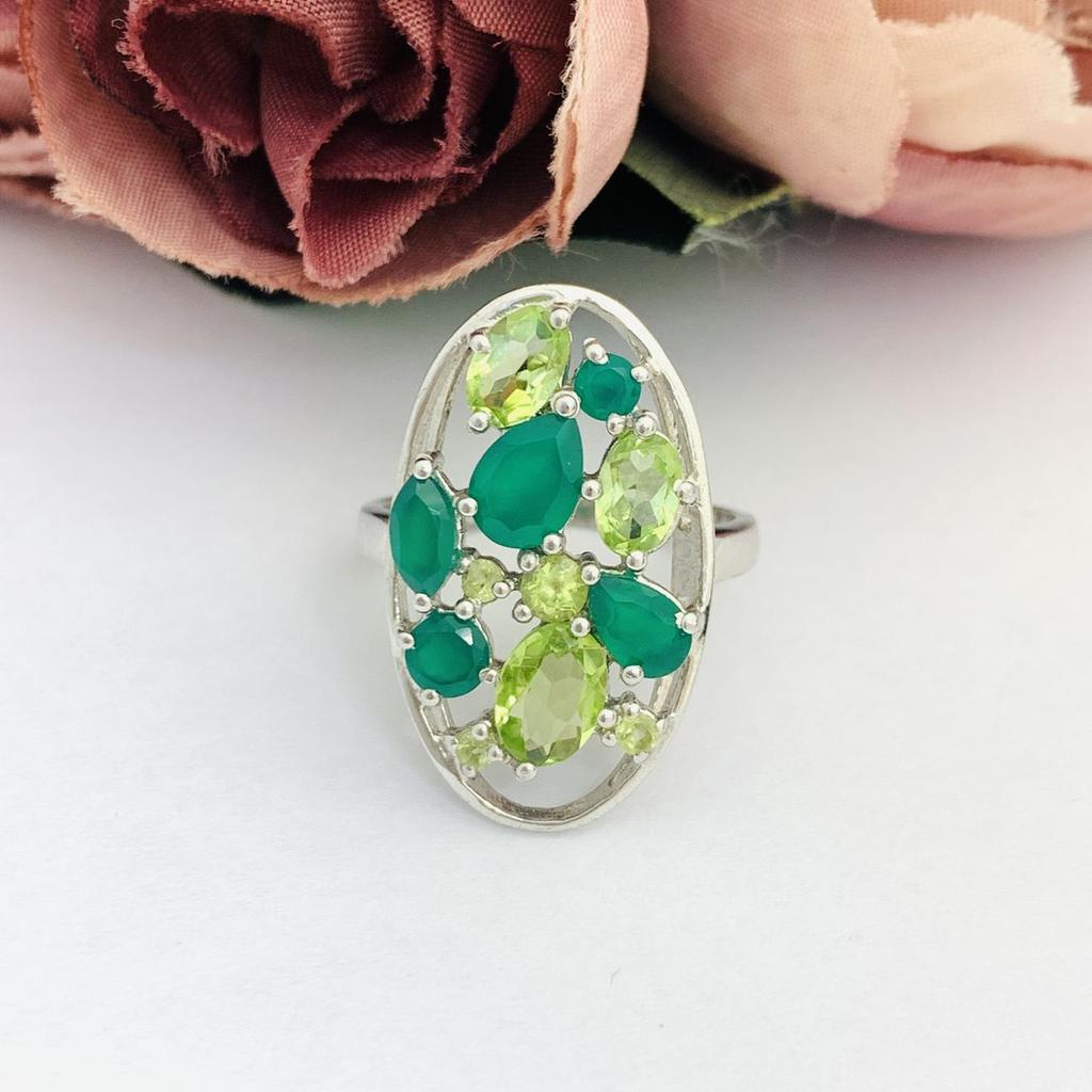 Silver Ring with Natural Agate, Chrysolite (2100188)