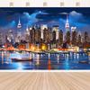 New York Waterfront Cityscape Tapestry, Urban Skyscraper Backdrop for Living Room Decor