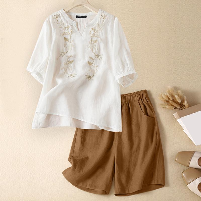 ZANZEA Women 3/4 Sleeve Embroidery Blouse and Shorts Summer Two Piece Suit Sets