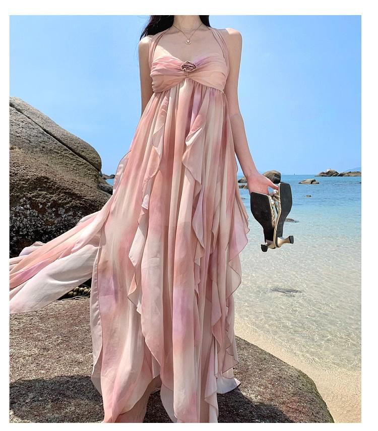 Elegantní šaty bez zad s volánky ve francouzském stylu na halterový krk pro ženy - Ideální na letní dovolenou u moře
