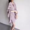 High-End Grayish Purple Linen Long-Sleeve Shirt & Culottes Set