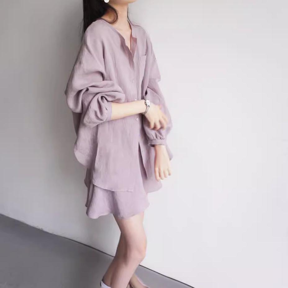 High-End Grayish Purple Linen Long-Sleeve Shirt & Culottes Set