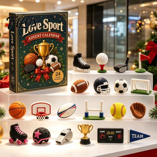 Sports Collectibles for Enthusiasts Advent Calendar 2026, 24-Day Christmas Countdown Box with Mini Durable Sport Ornaments Volleyball Golf Hockey