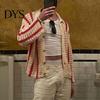 Loose Fit Men Shirt Fall Spring Cardigan Knitted Hollow Out Turn-down Collar Striped Single-breasted Long Sleeves Color Matching Slicing Patchwork