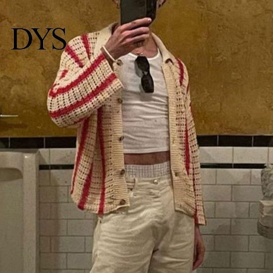Loose Fit Men Shirt Fall Spring Cardigan Knitted Hollow Out Turn-down Collar Striped Single-breasted Long Sleeves Color Matching Slicing Patchwork