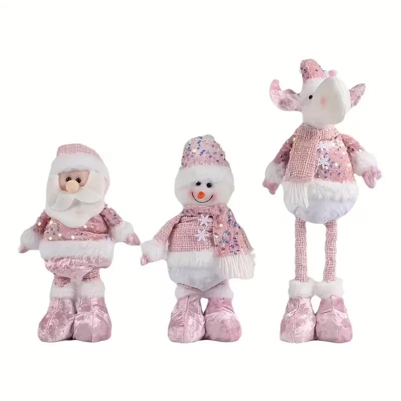 Adjustable Height Standing Pink Reindeer Santa Snowman Figurines Tabletop Home Decor for Christmas Thanksgiving New Year Decor