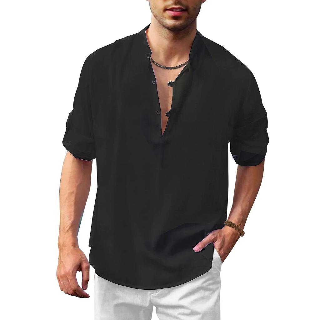 Designer Spring Summer Men's Casual Cotton Linen Solid Color Long Sleeve Shirts Loose Stand Collar Shirts