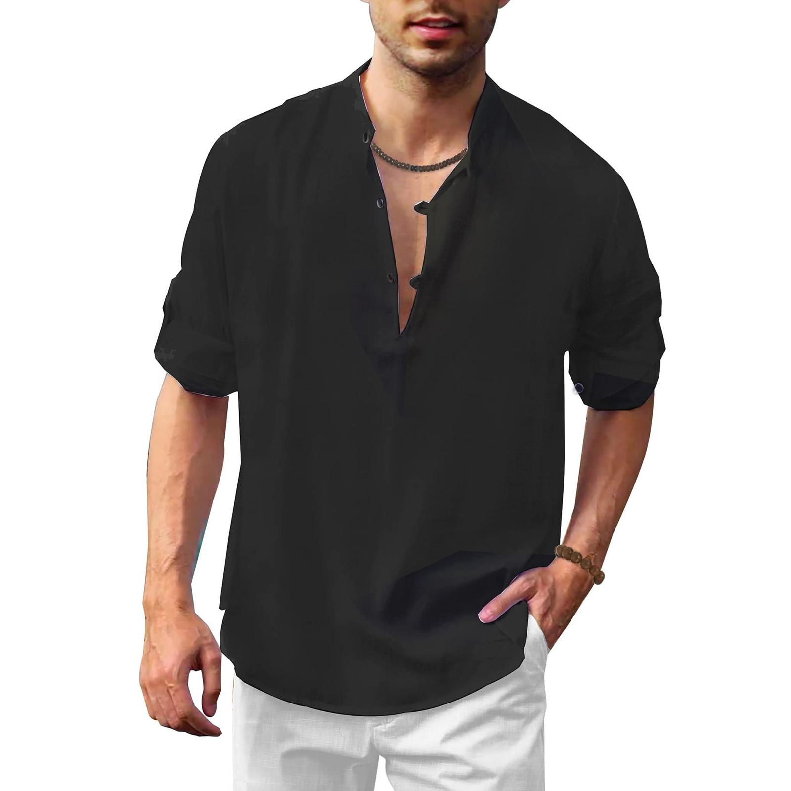 

Дизайнерские весенне-летние мужские повседневные рубашки из хлопка и льна, однотонные рубашки с длинными рукавами, свободные рубашки с воротником-стойкой XXL чёрный