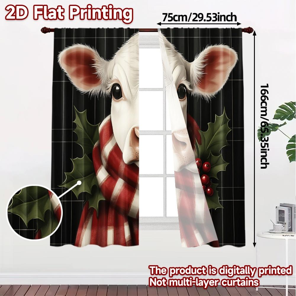 2pcs,Curtains Christmas Cow Holly Scarf Modern Modern Curtain 100% Polyester Curtains Decorations For Home Perfect for