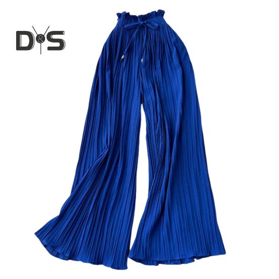 Pantaloni pentru femei cu talie înaltă elastică, cu șnur ajustabil, stil plisat, pantaloni largi, pantaloni casual de culoare solidă